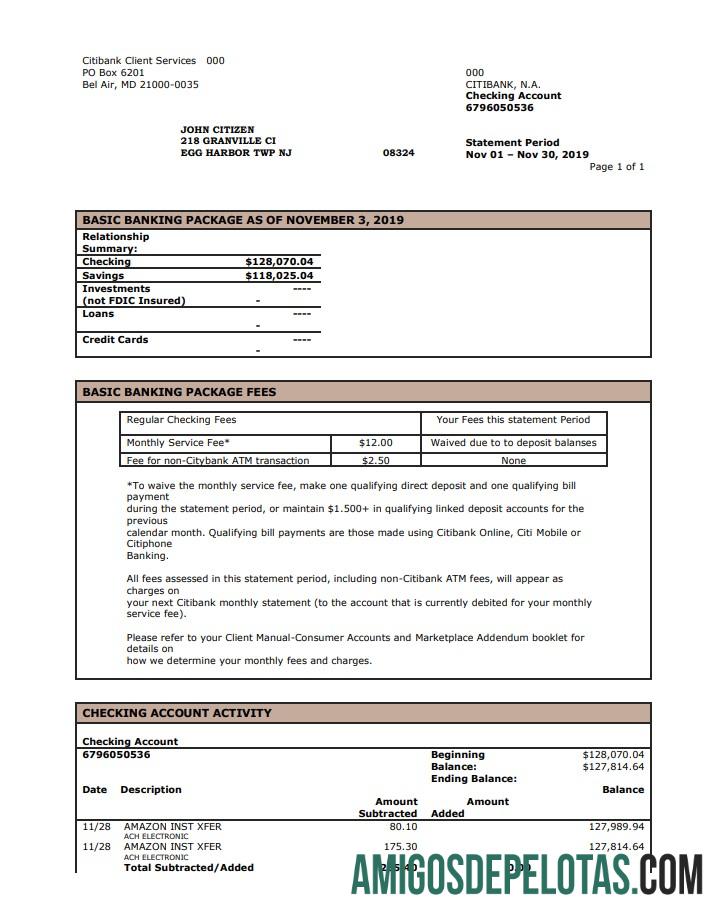 Modelo realista de extrato bancário da cidade dos EUA em formato Word e PDF